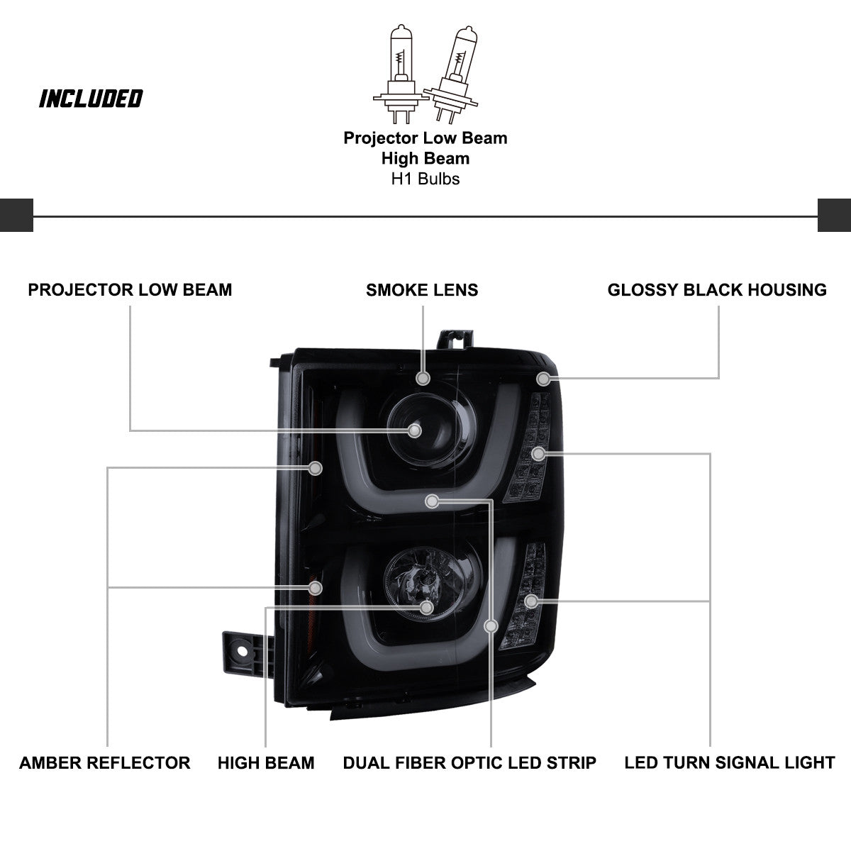 Spec-D 14-15 Silverado Projector Headlights U-Bar LED Black Smoke