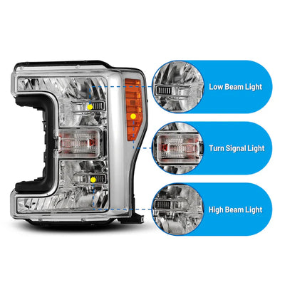 2017-2019 Ford F-250/ F-350/ F-450/ F-550 Super Duty Halogen Headlight 1 Right Side Only - Chrome/Clear Lens