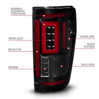 ANZO 21-23 Ford F-150 LED Taillights Seq. Signal w/BLIS Cover - Black Smoke 311474