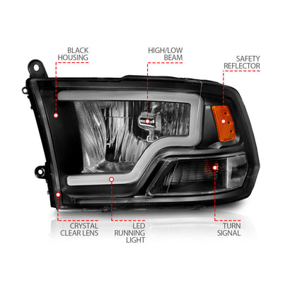 ANZO 2009-2018 Dodge Ram 1500 Crystal Headlights w/ Light Bar Black Housing 111515
