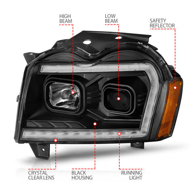 ANZO 2005-2007 Jeep Grand Cherokee Projector Headlights w/ Light Bar Switchback Black Housing 111543