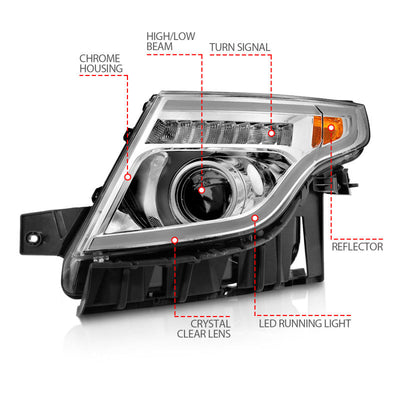 ANZO 11-15 Ford Explorer Projector Headlights w/ Light Bar Chrome Housing w/ Amber light 111576