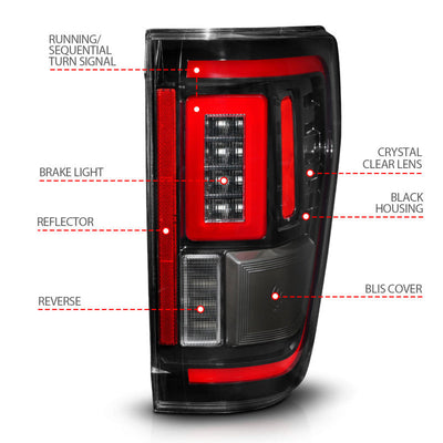 ANZO 21-23 Ford F-150 LED Taillights Seq. Signal w/BLIS Cover - Black Housing 311473