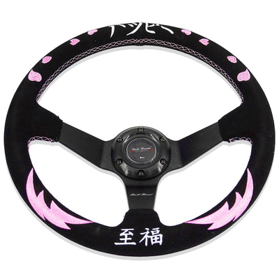 Heart Bliss Universal 350mm 3" Deep Dish 6-Bolt Steering Wheel Black Suede