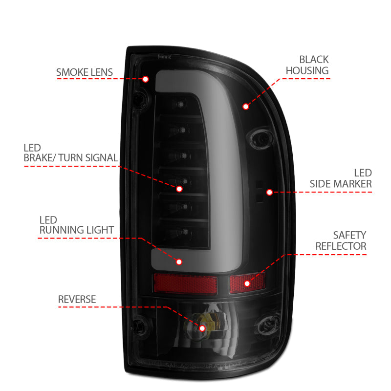 ANZO 1995-2000 Toyota Tacoma LED Taillights Black Housing Smoke Lens (Pair) 311354