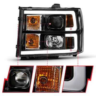 ANZO 2007-2013 Gmc Sierra 1500 Projector Headlight Plank Style Black w/ Clear Lens Amber 111482