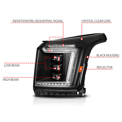 ANZO 15-20 GMC Yukon (Incl XL - Factory Halogen Models) Full LED Proj Headlights Black - Driver Side 111635X-L