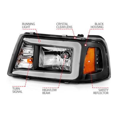 ANZO 2001-2011 Ford Ranger Crystal Headlights w/ Light Bar Black Housing 111511