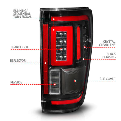 ANZO 21-23 Ford F-150 LED Taillights Seq. Signal w/BLIS Cover - Black Housing 311473