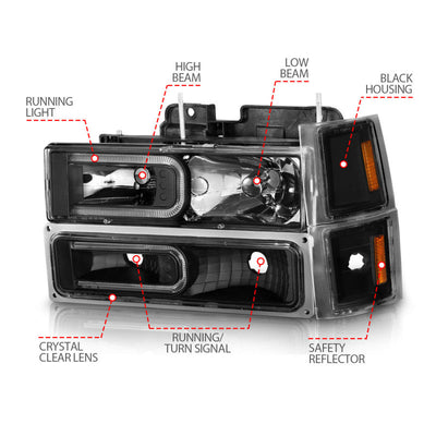 ANZO 88-98 Chevrolet C1500 Crystal Headlights w/ Light Bar Black Housing w/ Signal Side Markers 8Pcs 111528