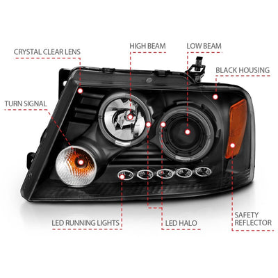 Anzo 2004-2008 Ford F-150 Projector Headlights w/ Halo and LED Black G2