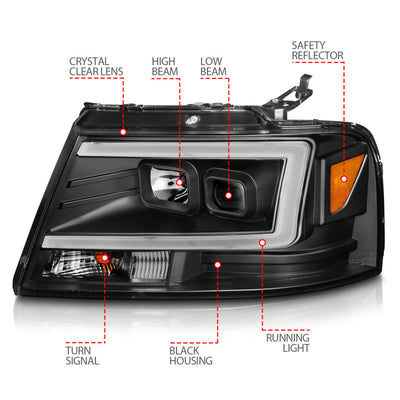 ANZO 2004-2008 Ford  F-150 Projector Headlights w/ Light Bar Black Housing 111541