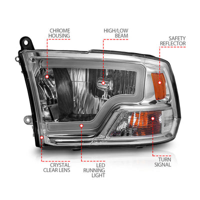 ANZO 2009-2018 Dodge Ram 1500/ 2500/ 3500 Crystal Headlights w/ Light Bar Chrome Housing 111516