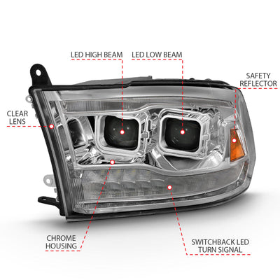 ANZO 2009-2018 Dodge Ram 1500 Led Projector Plank Style Switchback H.L Halo Chrome Amber (OE Style) 111465