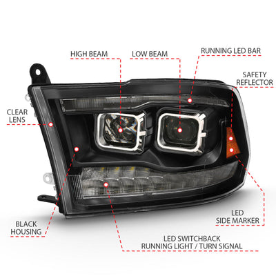 ANZO 2009-2018 Dodge Ram 1500 Projector H.L. Switchback Black Amber 111441