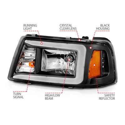 ANZO 2001-2011 Ford Ranger Crystal Headlights w/ Light Bar Black Housing 111511