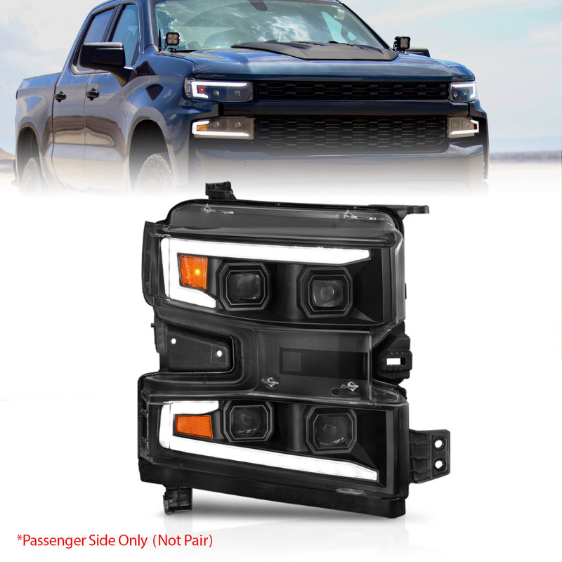 ANZO 19-22 Chevrolet Silverado 1500 LED Proj HL w/Lgt Bar SwBk Seq. Blk w/In. Light - Passenger Side 111566-R