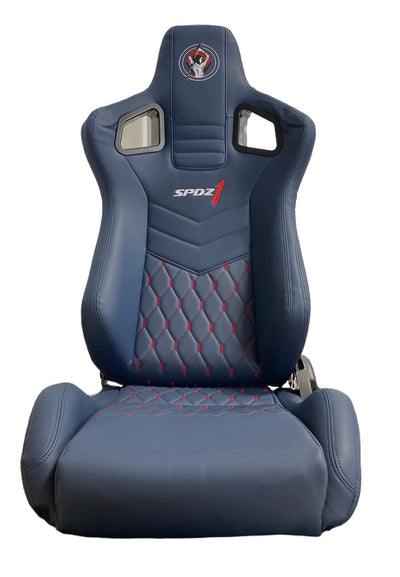 SPDZ1 Ballistic Racing Seats Deep Blue Leather with Red Cross Stitch Reclinable