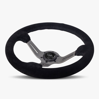 The Le Mans | Black Alcantara Suede | Graphite Spoke | Black Stitch