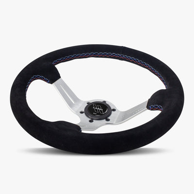 The Le Mans | Black Alcantara Suede | Silver Spoke | Bavarian Stitch