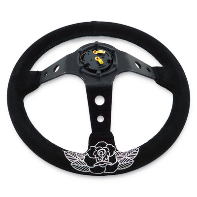 Custom Rose Universal 350mm 3" Deep Dish 6-Bolt Steering Wheel Black Suede Alcantara